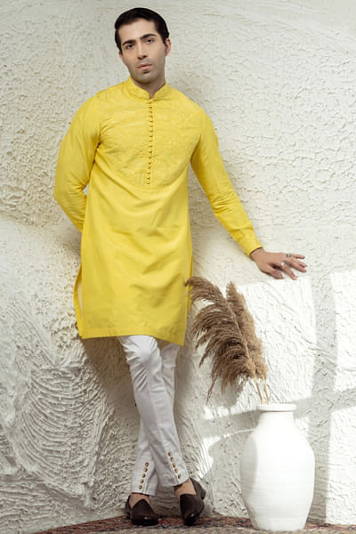 Yellow floral embroidered kurta