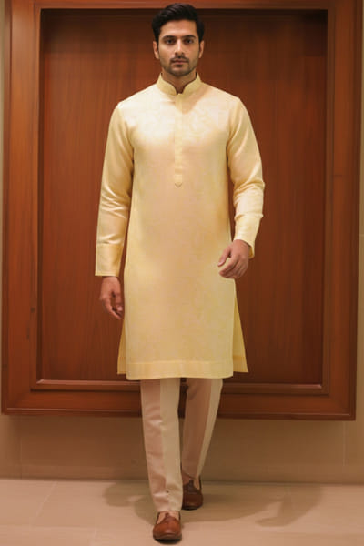 Lemon woven linen silk kurta