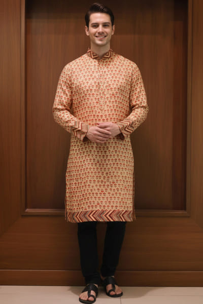 Beige ikat classic kurta