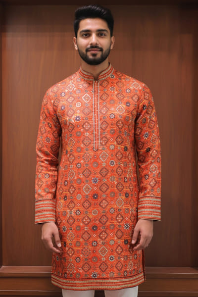 Orange geometric printed kurta