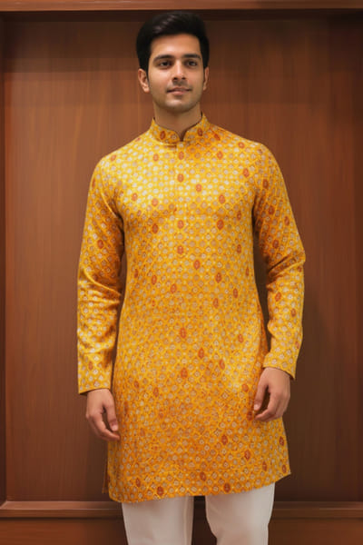 Mustard geometric linen silk kurta