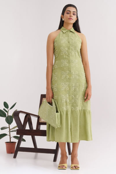 Moss green appliqué dress