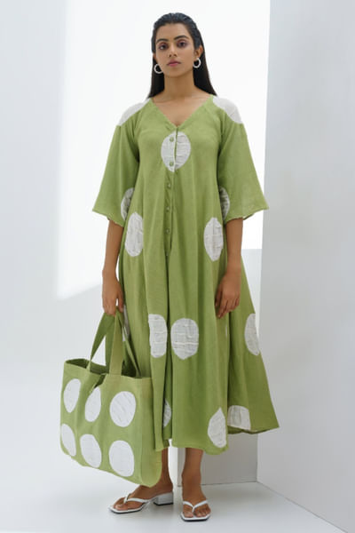 Moss green pleated polka dress