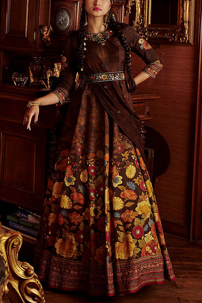 Brown handpainted anarkali set