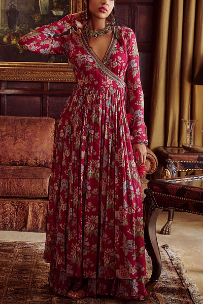 Fuchsia printed angrakha set