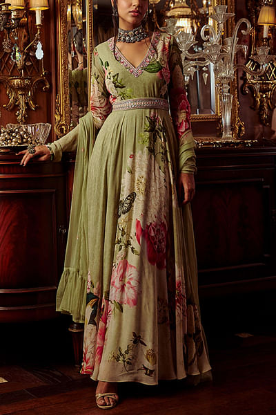 Pista green printed anarkali set