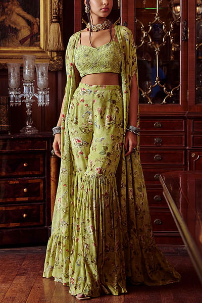 Pista green printed gharara and cape set