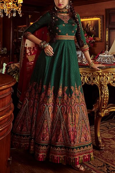 Bottle green embroidered anarkali set