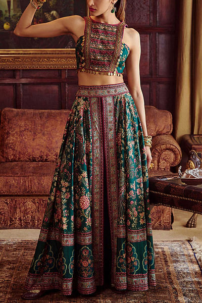Bottle green printed lehenga set