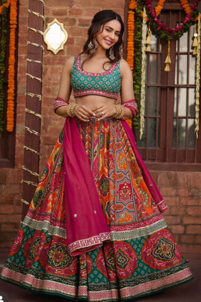 Orange artisanal print lehenga set