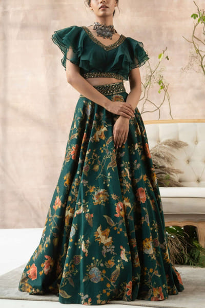 Forest green floral lehenga set