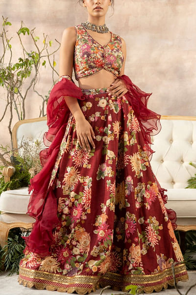 Burgundy floral lehenga set
