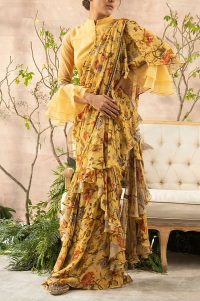 Yellow printed ruffle sari set