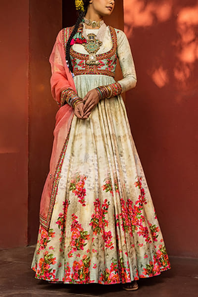 Kalista Beige floral anarkali set KTAJUNE2202