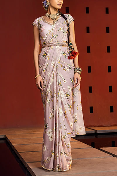 Lilac printed pre-draped sari set