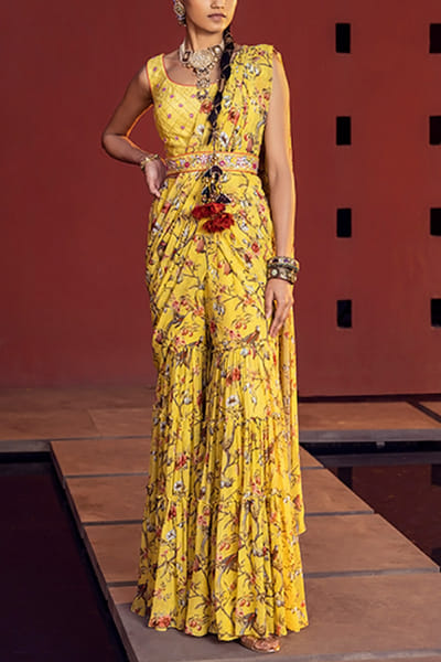 Yellow floral gharara sari set