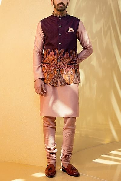 Wine printed bandi and kurta set