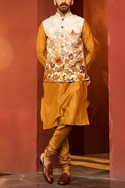 Beige floral bandi kurta set