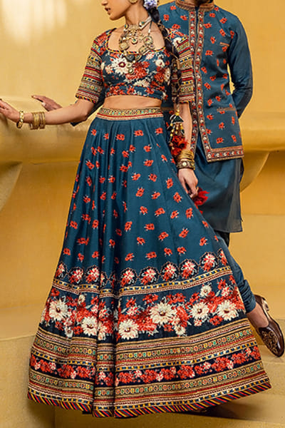 Teal blue embroidered lehenga set
