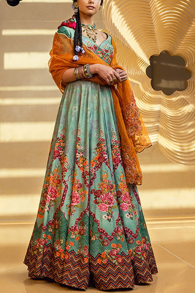 Aqua floral printed lehenga set