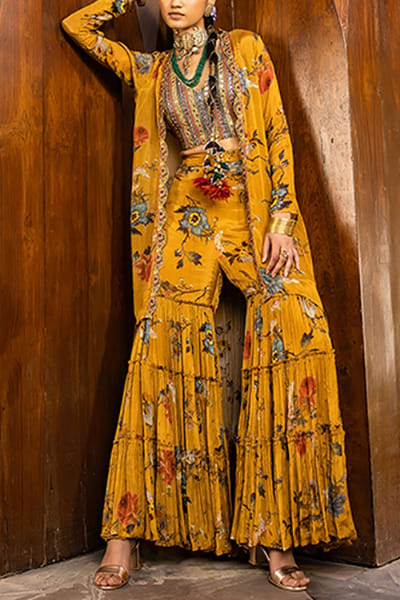 Kalista Mustard printed sharara set KTANEW2208