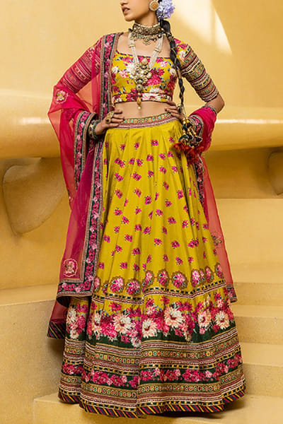 Lime green floral lehenga set