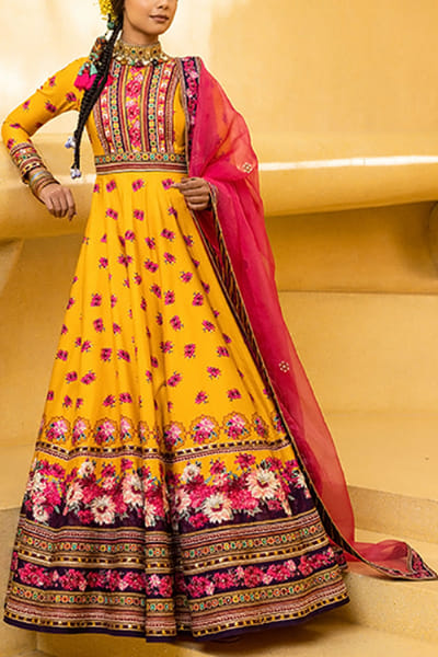 Kalista Mustard floral anarkali set KTANEW2210