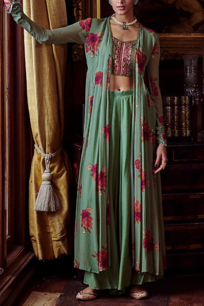 Mint green floral cape and palazzos