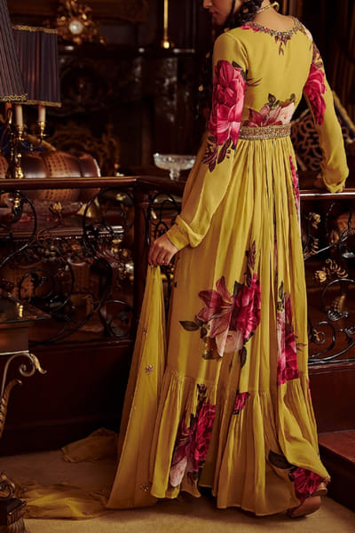 Kalista Yellow floral printed anarkali set KTASYM2211