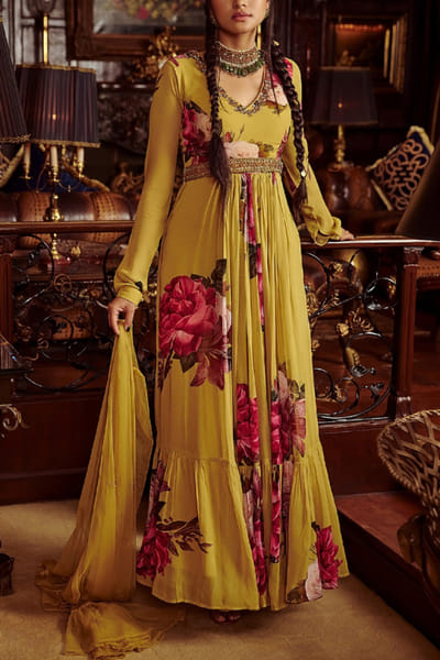 Kalista Yellow floral printed anarkali set KTASYM2211