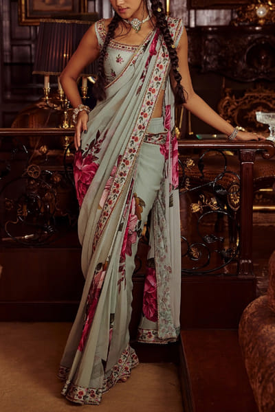 Aqua blue pre-draped sari set