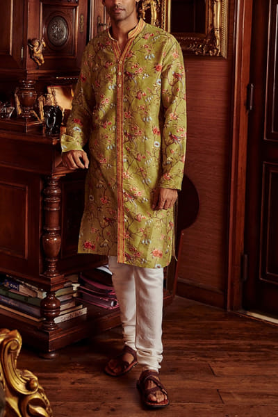 Olive green floral printed kurta set