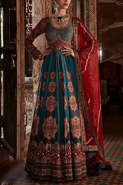 Teal blue embroidered anarkali set
