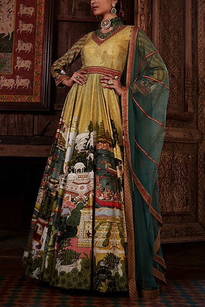 Lime yellow embroidered anarkali set