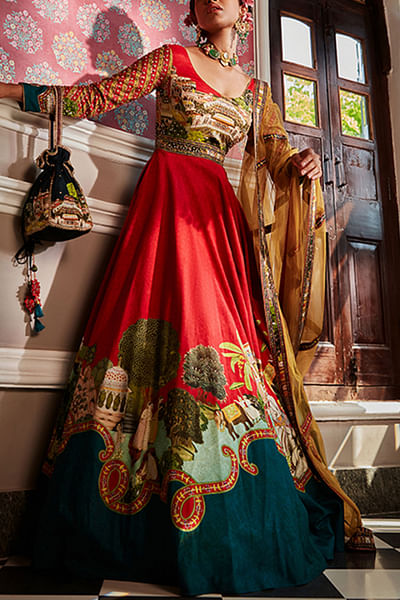 Red embroidered anarkali set