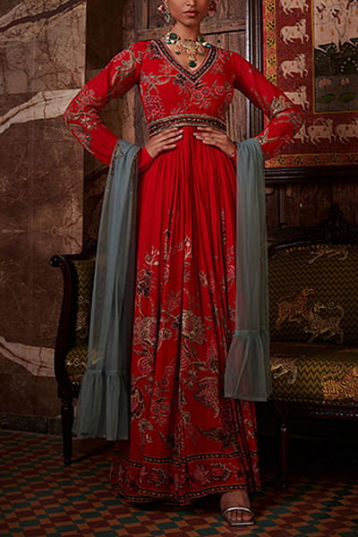 Red floral printed anarkali set