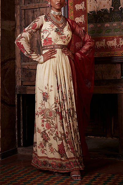 Ivory chintz floral printed anarkali gown