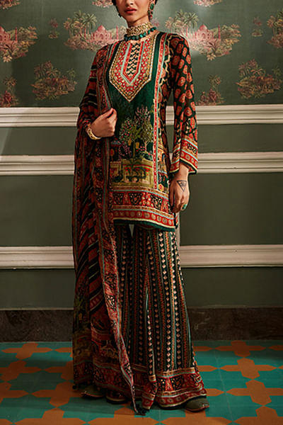 Bottle green gharara set