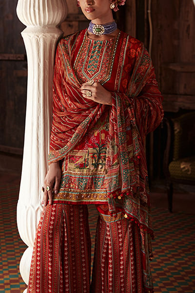 Red embroidered gharara set