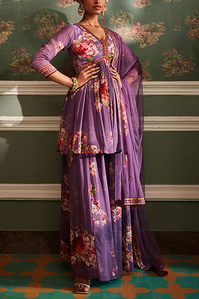 Lavender floral kurta and gharara set