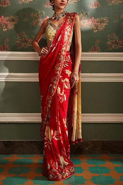 Multicolour pre-draped sari set