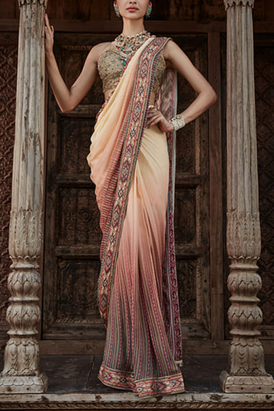 Kalista Ombre shaded pre-draped sari set KTAZAHRA2231