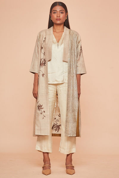 Beige kantha embroidered jacket set