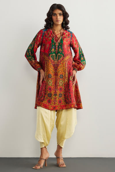 Red printed silk kurta