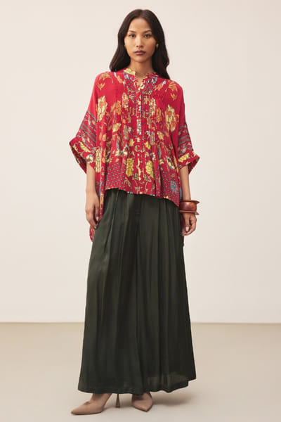 Ritu Kumar Red floral print pintucked kurti RITUJUN26D347334