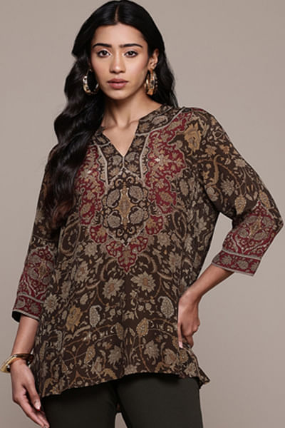 Brown floral printed short kurta