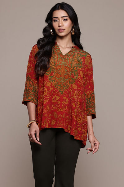 Red floral printed short kurta