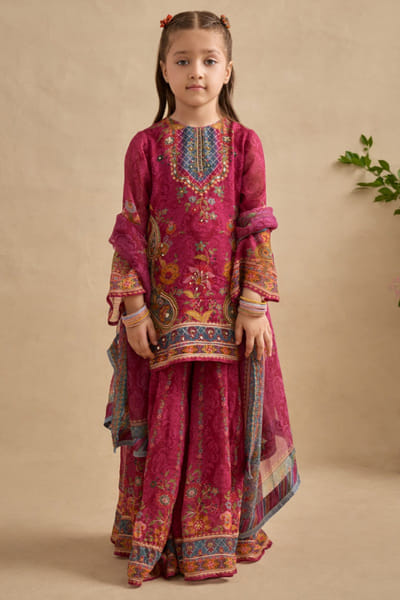 Fuchsia floral printed gharara set