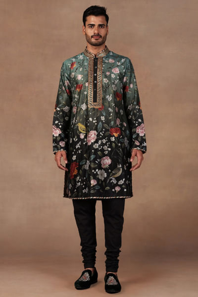 Green ombre printed silk kurta set