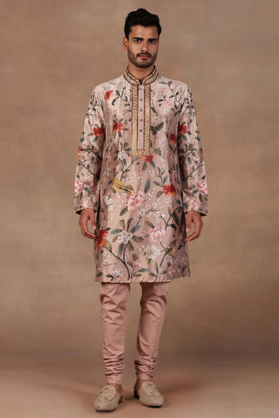 Pink ombre printed silk kurta set